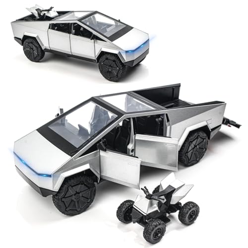 Ethbirsge 1/24 Alloy Pickup Truck Die-Cast Model Toy Car - Open Doors, Sound and Light, Pull-Back Action with Off-Road Motorcycle, Collectible Metal Vehicle for Kids & Adult(Silvery)