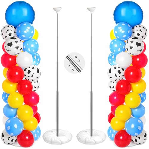 Hungdao 2 Sets Toys Inspired Balloon Column Stand Kit Cartoon Story Game Cow and Cloud Pattern Yellow Red Blue White Latex Ballloons for Inspired Story Party Themed Birthday Baby Shower Decorations