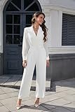 Love Welove Women's Elegant Off White Formal Jumpsuit - Long Chiffon Sleeves, Wide-Leg Design, Tailored Collar, with Belt, Perfect for Evening & Office Wear