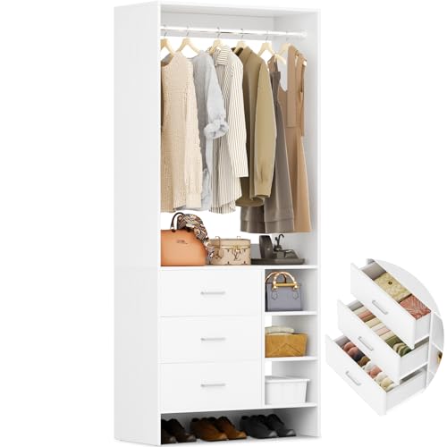 Aheaplus Closet System with 3 Drawers and Shelves, 29.6’’ Closet Organizer, 2.5FT Wood Closet Organizer System, Walk-in Closet or Small Closets Wardrobe, Clothes Rack with Hanging Rods,-E3, White