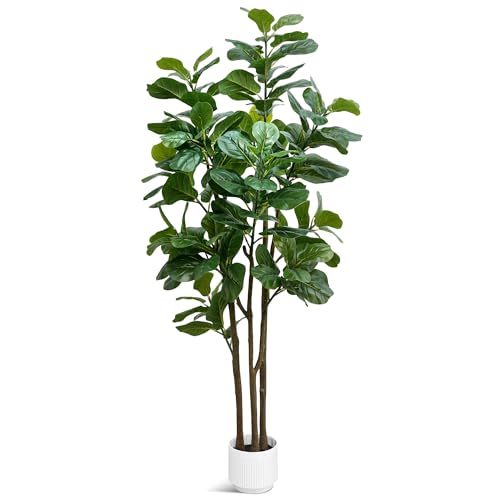 Faux Fiddle Leaf Fig Tree, 6ft Faux Plant Fake Ficus Silk Trees with White Planter, Artificial Fig Trees Floor Plants for House Office Living Room Indoor Home Decor (Fiddle Leaf)