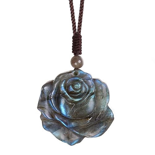 Nupuyai Hand-Carved Natural Labradorite Necklace for Unisex, Irregular Healing Labradorite Crystal Stone Pendant with Adjustable Cord, Rose