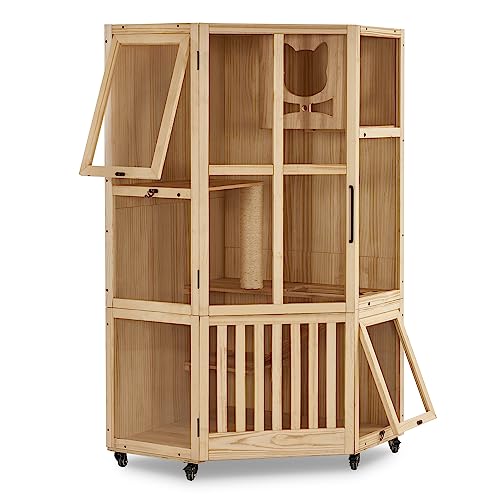 Lovupet Large Corner Cat House Villa, Wooden Indoor Cat Condo with Scratching Post, Multi-Feature Enclosed Kitten Cage with Escape Doors and Wheels CT96