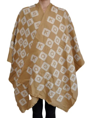 Michael Kors Logo Jacquard Fringed Poncho Cape Sweater (Beige)