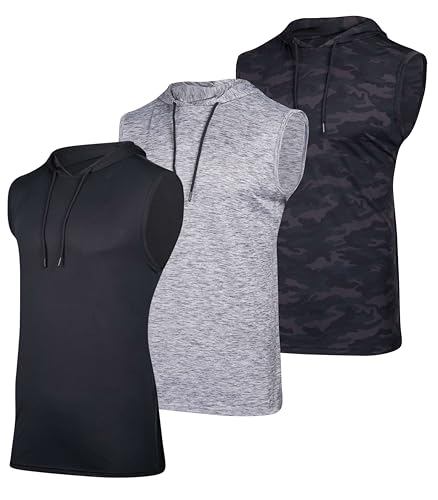 3 Pack: Men’s Dry Fit Moisture Wicking Hooded Tank Top Active Athletic Hoodie Pullover Sweatshirt Workout Running Fitness Gym Sports Bodybuilding Casual Sweatshirt Outdoor Muscle top-Set 5,L