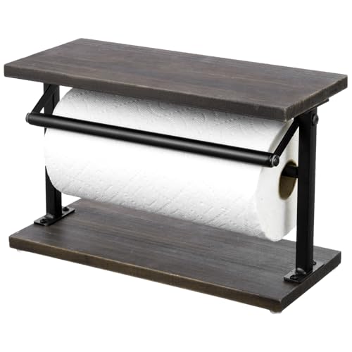 MyGift Kitchen Countertop Paper Towel Holder and Condiment Display Shelf Rack, Rustic Burnt Wood and Metal Towel Dispenser with Top Shelf for Bathroom or Kitchen