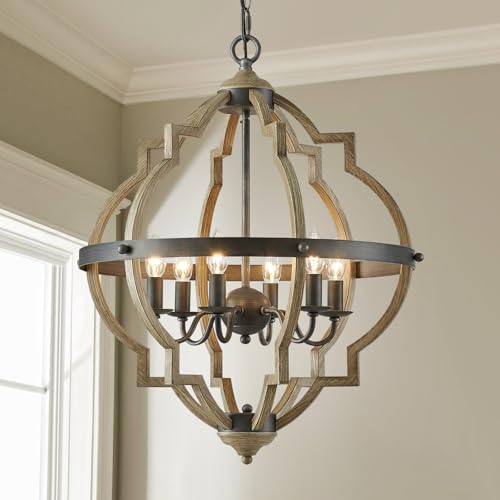 Saint Mossi 6-Lights Farmhouse Chandelier Light Fixture, Rustic Globe Chandelier for Dining Room, Pendant Light Fixtures,H29 x D21, Adjustable Hanging Chain, Wood Grain Metal Frame