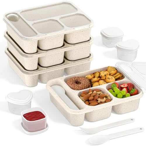 Enstphjoy 4 Pack Bento Lunch Box Set, 3-Compartment 1000ml Wheat Straw Meal Prep Containers for Kids & Adults, 4 Salad Dressing Container To Go, Microwave and Dishwasher Safe (Wheat Beige)