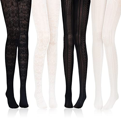 Zhanmai 4 Pairs Knitted Patterned Lace Tights Female Fishnet Warm Black White Vertical Strips Pantyhose Hollow out Knitted Tights for Women Skirts Dress Supplies, One Size(Elegant Style)