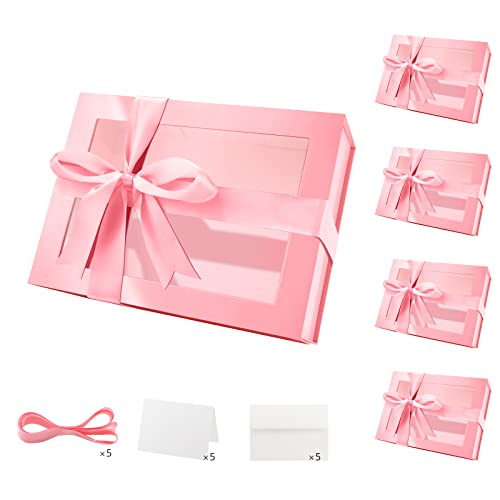 PACKQUEEN 5 Pink Mothers Day Gift Boxes with Windows, 9x6.5x3.8 Inches, Valentine's Day Clear Gift Boxes for Presents Contain Ribbons, Cards, Bridesmaid Proposal Boxes, Gift Boxes with Magnetic Lids (Glossy Pink)