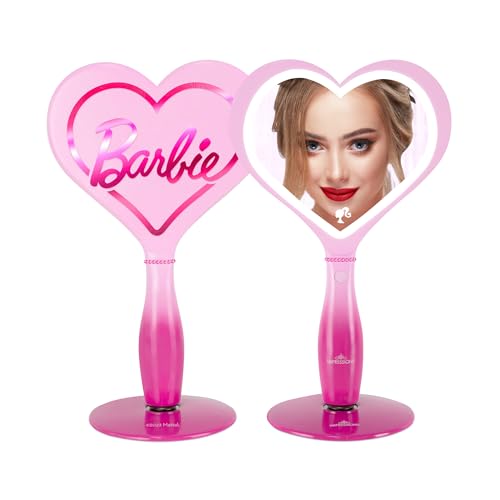 Impressions Vanity Barbie LED Handheld Makeup Mirror with Standing Base, Portable Travel Hand Held Mirror with Heart Shaped Lighting, Adjustable Brightness, Magnetic Ball Stand