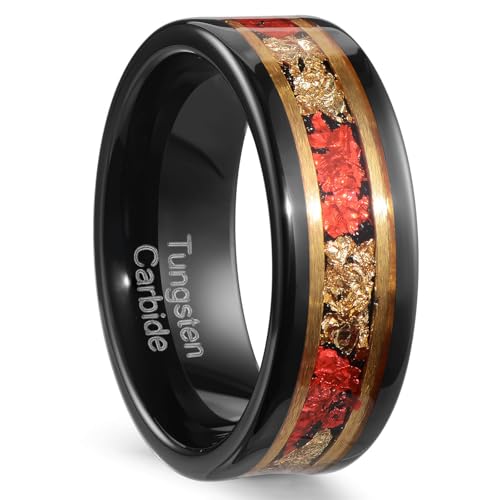 Zillaly 8mm Men's Tungsten Ring Engagement Wedding Ring, Red and Gold Inlay, Black Shiny, Size 7-14, Comes with Gift Box (Black Tungsten, 9)