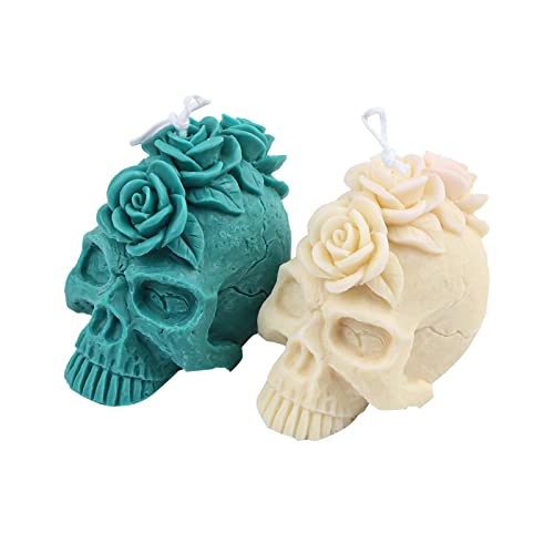 Grainrain 3D Skull Rose Flower Design Silicone Candle Mold Decorated Pillar Candle Mould Handcrafted Silicone Molds for Candle Wax Resin Gyspum Crafts Making (G40)