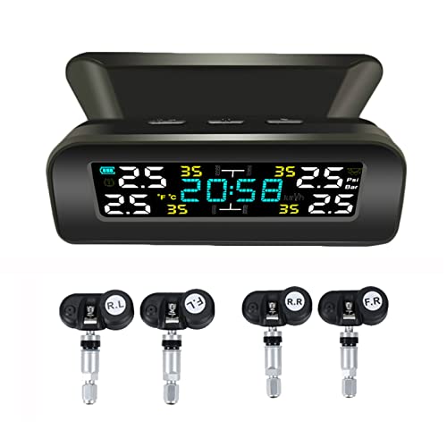 EOHMAK Tire Pressure Monitoring System Wireless Solar TPMS, Tire Pressure Monitor with 4 Sensors Real-time Display Temperature Pressure for Car RV SUV MPV Sedan (Internal)