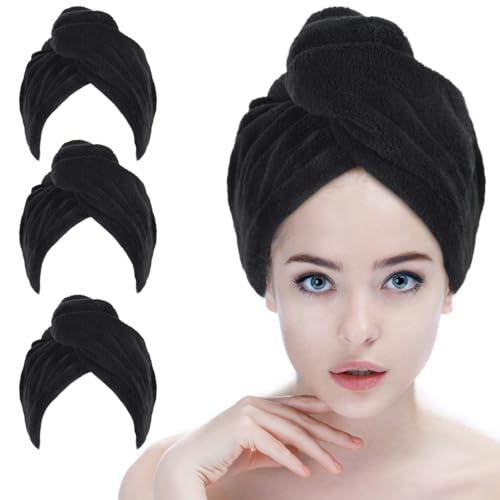 SINLAND Microfiber Hair Drying Cap Hair Towel Turban Twist for Women Fast Drying Towels Head Turban Absorbent Soft Lightweight 3 Pack Black