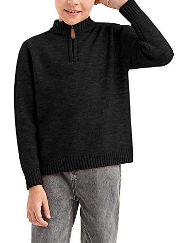 GAMISOTE Boys Sweater Quarter Zip Up Chunky Knit Mock Neck Warm Pullver Kids Knitwear Black