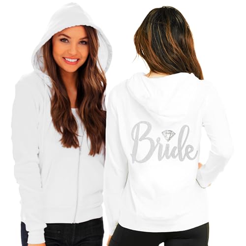 Bride Sweatshirt Zip Up - BRIDE with Diamond Motif Rhinestone Hoodie - Wedding Day Bridal Shower Hoodie - Large - White Hood(DiamBrd RS) Wht/Lrg