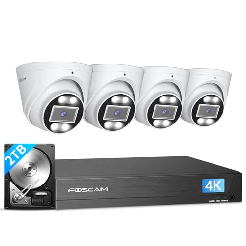 FOSCAM 4K 8MP NVR PoE Security Camera System 8 Channel NVR 4pcs Wired Outdoors IP PoE 8MP Security Cameras, 2TB HDD, Color Night Vision, 2-Way Audio, AI Human Vehicle Detection, FNA108E-T4
