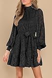 Ferlema Women's 2023 Long Puff Sleeve Smocked High Neck Tie Waist Floral Lace A Line Flowy Party Mini Dress Black Medium