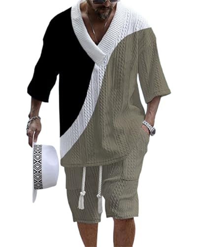 TIFIYA Men's Waffle Knitted Sweater Suits Drop Shoulder Shirts with Shorts Set Stylish Patterned Print Leisure Wear TM035-3-5XL
