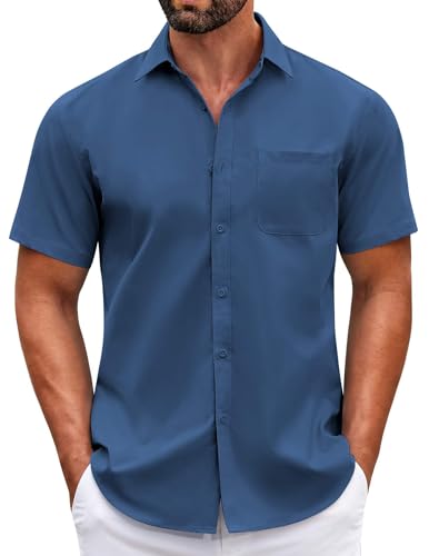 COOFANDY Men's Business Casual Button Down Short Sleeve Shirt Fitted Beach Polyester Fashion Camp Club Shirts Blue