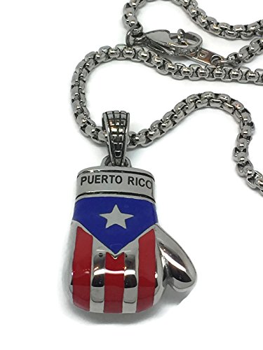 Papiichulo Puerto Rican Flag Large Boxing Glove Pendant with 24" Box Linked Stainless Steel Chain Necklace for Men (Red & Blue)