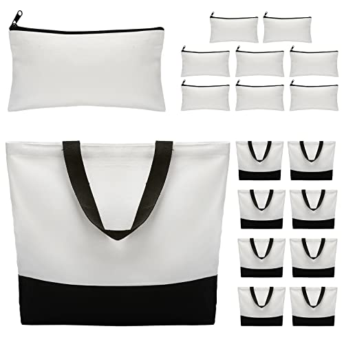 Reginary 16 Pieces Canvas Tote Makeup Bag Blank Plain Large Reusable Grocery Shopping Cloth Bags with Handles DIY Craft Canvas Pencil Case with Zipper Cosmetic School Supplies