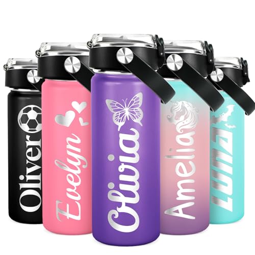 DOCRAGI Personalized Water Bottles for Kids, Custom Water Cups with Name and 25 Icon Engraved, 18 oz - 16 Colors, Double Wall Insulated BPA Free, Customize Valentines Gifts for Girls Boys (Engraved)