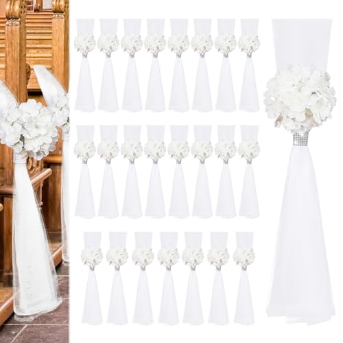 WGXX 24 Set Large Wedding Hydrangea Flowers with Long Tulle Tails, 31.5inch Church Chair Aisle Wedding Pew Decoration for Bridal Shower Reception Birthday Anniversary