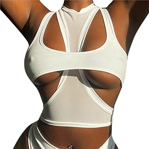 ZGMYC Women Sexy Cut Out Underboob Crop Top 2 Piece Racerback Athletic Tank Top T Shirt Cami Streetwear White