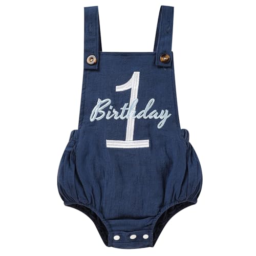 Baby Boys Girls 1st Birthday Romper Baby First Birthday Outfit Boy Solid Color Jumpsuit Cake Smash Outfit(Navy Blue, 12-18M)