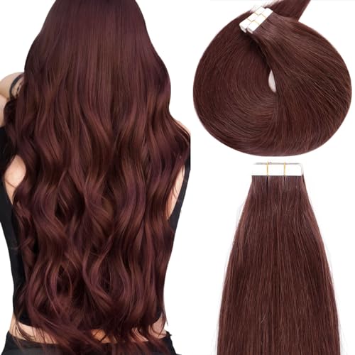 Lacerhair 20 inch Seamless Remy Tape in Human Hair Extensions Natural Balayage PU Skin Weft 100% Real Virgin Human Hair Color #99J Red Wine Burgundy Double Side 50g 20pcs/set
