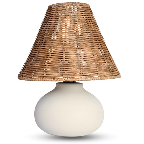 11" Small Table Lamp – Handmade Ceramic Cream Base with Wicker Rattan Shade, Dimmable Plug-in Nightstand Light for Bedroom, Kitchen Counter, or Small Spaces – Boho Japandi Organic Decor