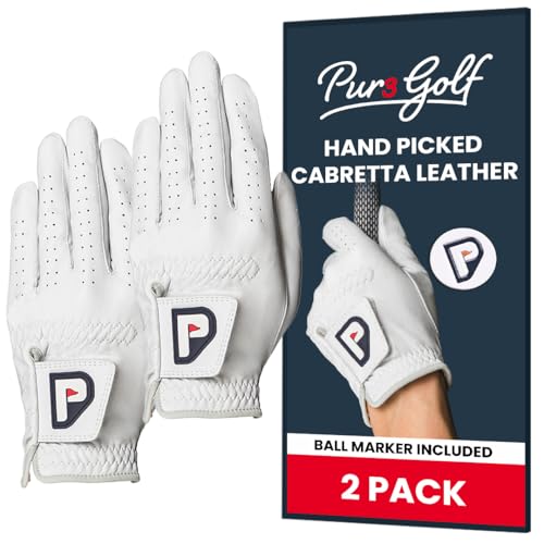 PUR3 2 Pack Golf Gloves Men Right Handed Golfer | Real Genuine Cabretta Leather Glove - Super Soft Feel - Ball Marker Included - Size Large