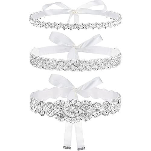 Sintege 3 Pcs Wedding Dress Belts Rhinestone Bridal Sash Belts Crystal Ribbon Sash for Women Bridal Bridesmaid(White,Ribbon)