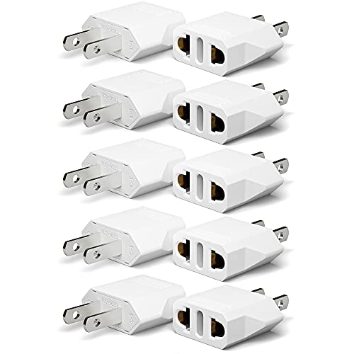 Unidapt 10-Pack EU Europe to US Plug Adapter, Type A Outlet, European to American, Canada, Mexico Wall Plug Adapters, White