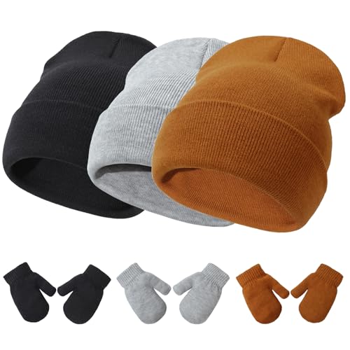 Baby Hats and Mittens Set Infant Toddler Beanie Caps Hospital Hat Set Newborn Gloves for Baby Boys Girls Black/Gray/Caramel M