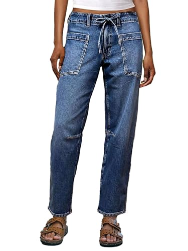 Flamingals Women’s Chic Stylish Mid Waist Wash Drawstring Stitch Detail Carrot Jeans Navy Blue XS