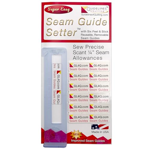 Guidelines4Quilting Super Easy Seam Guide Setter with 6 Reusable Adhesive Seam Guides - Easily Set a Scant 1/4-Inch Guide to Achieve Accuracy and No Fabric Waste - For Any Sewing Machine - Made in USA
