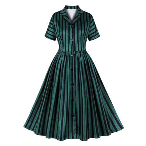 Green and Black Striped Dress for Women Green Vertical Striped Dress for Women Notched Lapel Vintage Shirt Dresses for Women Button Down 50s Dresses for Women Vintage Halloween Dress Black Green XXL