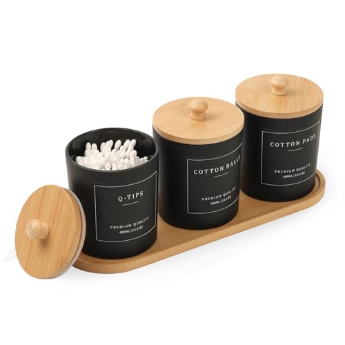 3 Pack Qtip Holder - Bathroom Organizers and Storage, Cotton Round Pad Holder Cotton Swab Dispenser Floss Pick Holder with Tray, Glass Apothecary Jars with Lids, Cotton Ball Container - Black