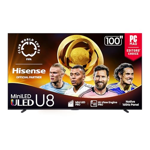 Hisense 100" Class U8 Mini-LED ULED 4K UHD Google Smart TV (100U8QG, 2025 Model) - QLED, Native 165Hz, VRR 288, Up to 5000 Nits, HDR10+, Dolby Vision IQ · Atmos, IMAX Enhanced, 4.1.2 Ch Surround