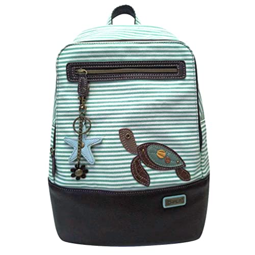 Chala Group Handbags Teal Stripe Backpack with Detachable Charm, Turtle Lovers Backpack with Smooth Zipped Compartment and Comfortable Padded Strap (Stripe Turtle), Medium