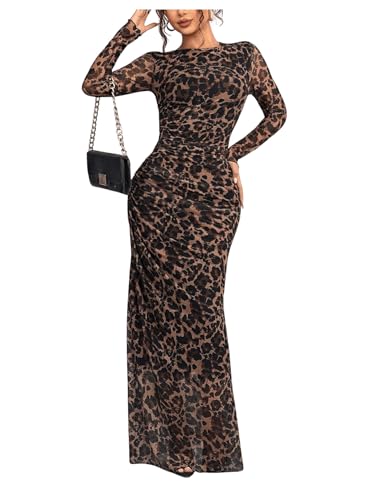 Verdusa Women's Cheetah Print Ruched Maxi Dress Long Sleeve Bodycon Dress Brown Large