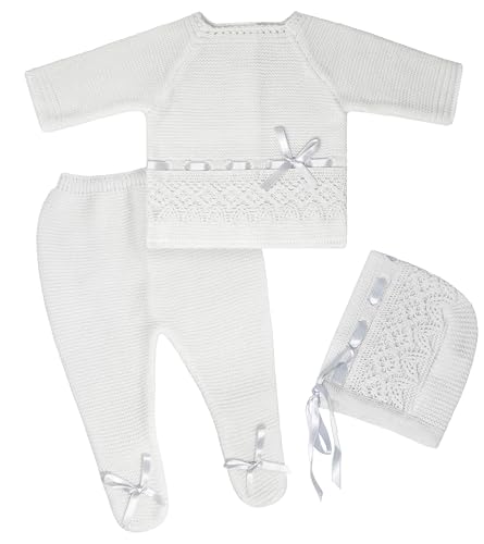 Escalett Layette Newborn Baby Knitted Clothes Set, Coming Home Infant Knit Outfit for Boys and Girls (1136, White, Newborn)