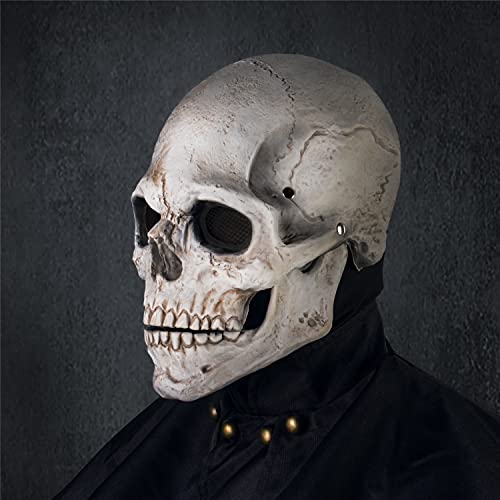 RRANYF Creepy Halloween Full Head Skull Mask with Movable Jaw, Adult Entire Head Realistic Latex Helmet, Scary Skeleton Headgear (White Human Skull Mask)