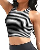 Yonique Women Bikini Top Only Crop Swim Top Longline Swimsuit Tops High Neck Bathing Suit Top Black and White Stripes Medium