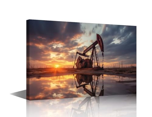 Oil Rig Wall Art Modern Wall Art for Living Room 1 Panel A Row of Oil Production Pumps at Dusk Extraction of Energy Resources Pictures Print on Canvas for Living Room Bedroom Wall Decor 36x24 in