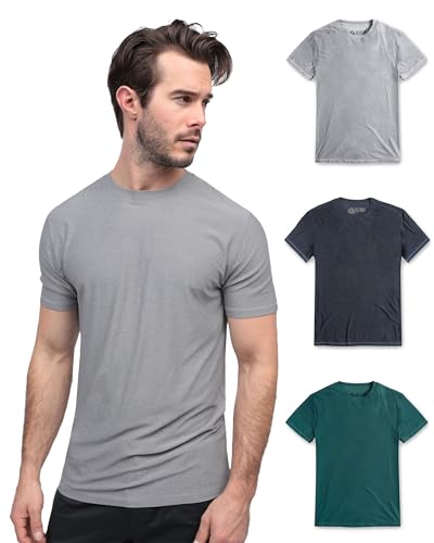 INTO THE AM 3 Pack Athletic Workout Shirts for Men Fitted Gym Sports Running Fitness Dry Fit Plain Tees Multipack (Grey/Navy/Teal, Large)