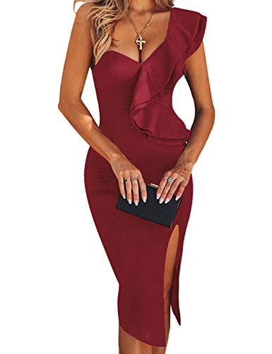 UONBOX Women's One Shoulder Sleeveless Knee Length Side Split Fashion Bandage Dress (M, Wine)